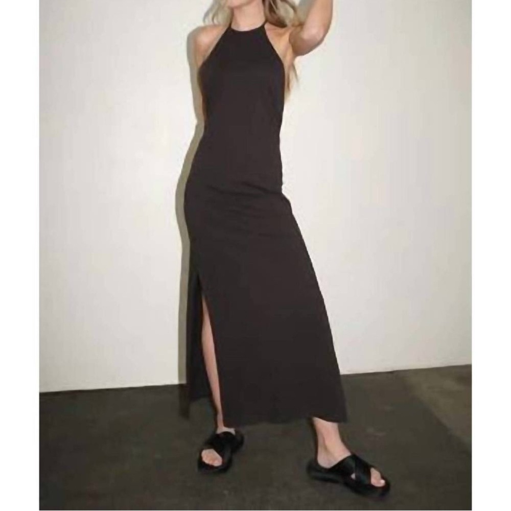 LNA Clothing Halter Bib Maxi Dress Gray Large Side Slit Cotton Beachy Boho Chic